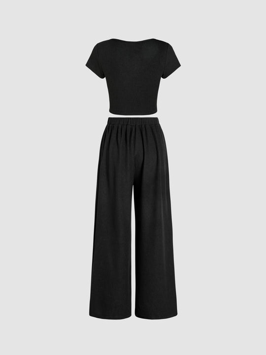V-neck Short Sleeve Crop Tee & Knotted Wide Leg Pants Set