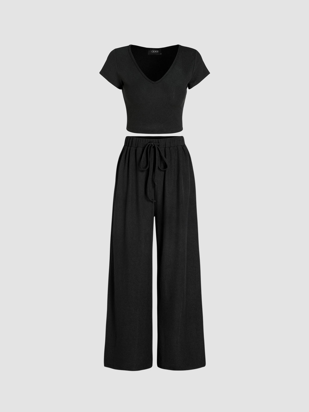 V-neck Short Sleeve Crop Tee & Knotted Wide Leg Pants Set