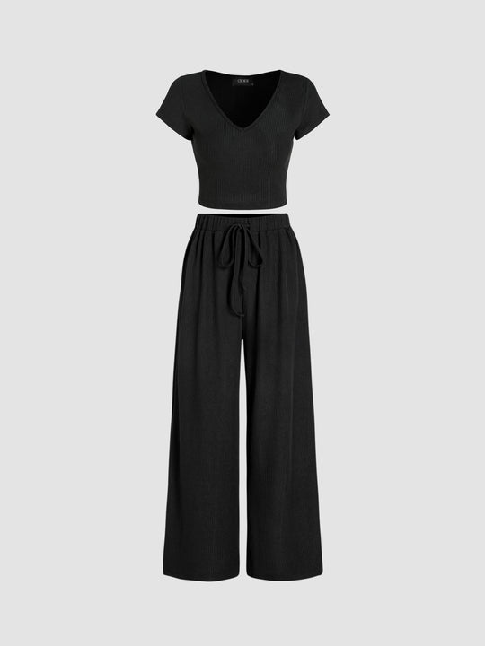 V-neck Short Sleeve Crop Tee & Knotted Wide Leg Pants Set