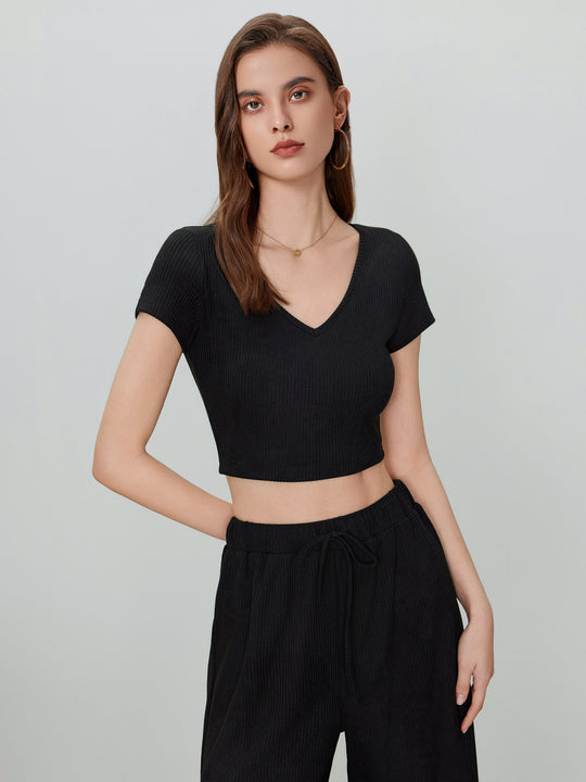 V-neck Short Sleeve Crop Tee & Knotted Wide Leg Pants Set