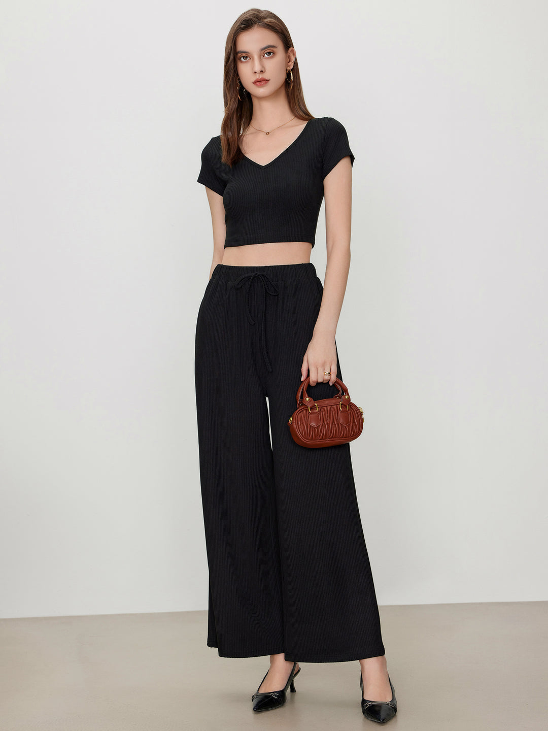 V-neck Short Sleeve Crop Tee & Knotted Wide Leg Pants Set