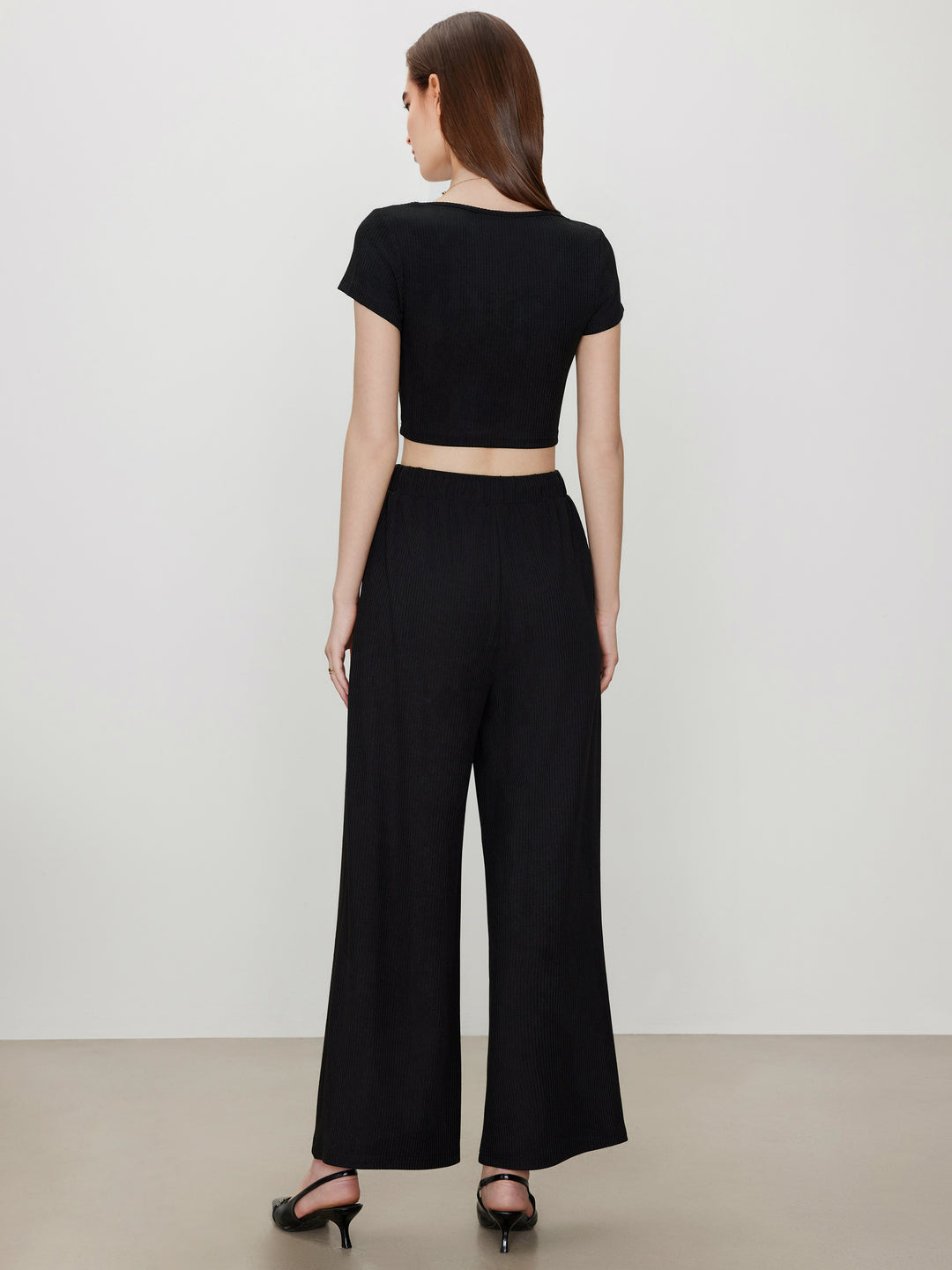 V-neck Short Sleeve Crop Tee & Knotted Wide Leg Pants Set