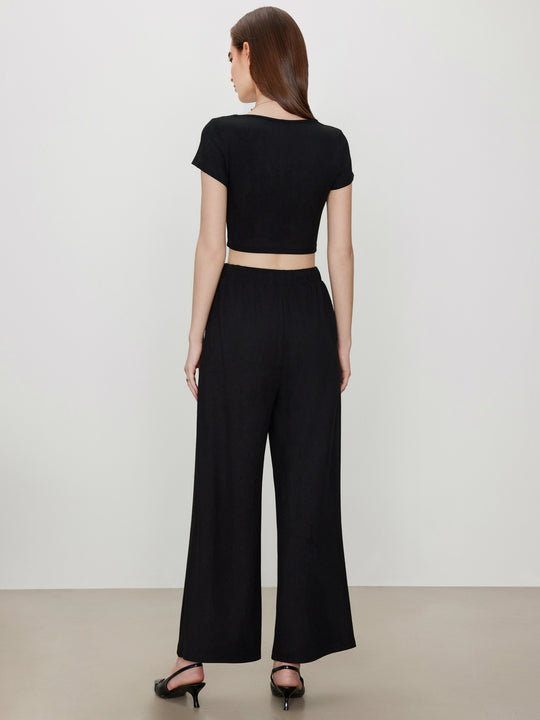 V-neck Short Sleeve Crop Tee & Knotted Wide Leg Pants Set