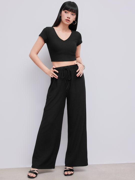 V-neck Short Sleeve Crop Tee & Knotted Wide Leg Pants Set