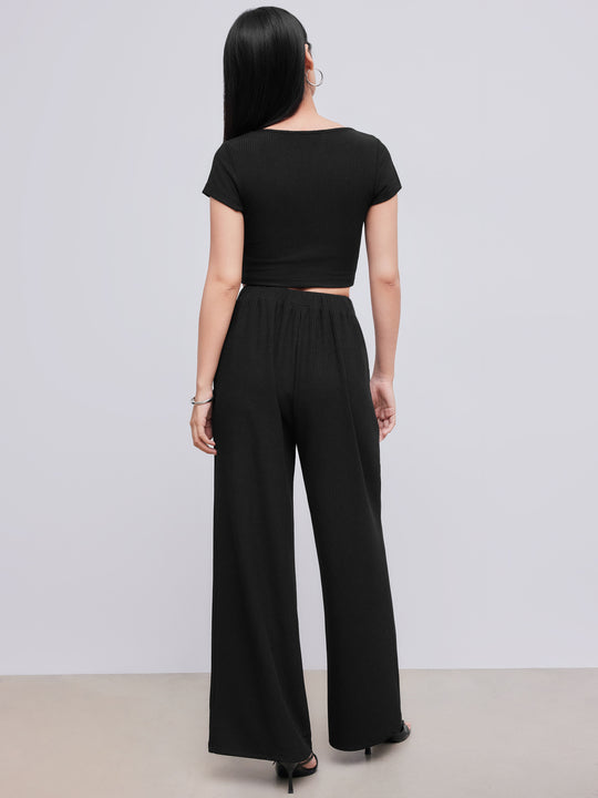 V-neck Short Sleeve Crop Tee & Knotted Wide Leg Pants Set